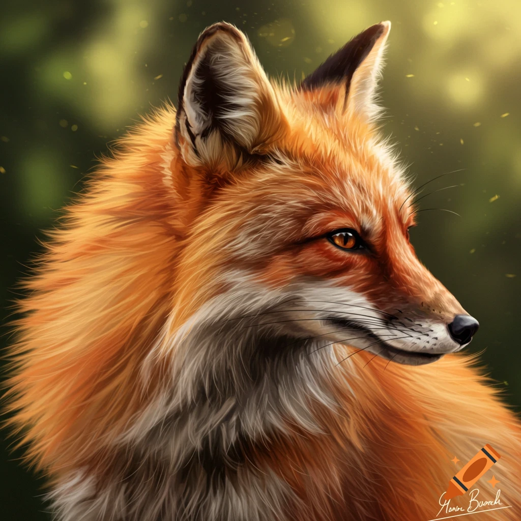 Close-up of a red fox looking right with detailed fur.