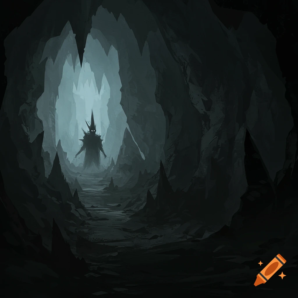 A shadowy figure stands deep within a dark, rocky cave.