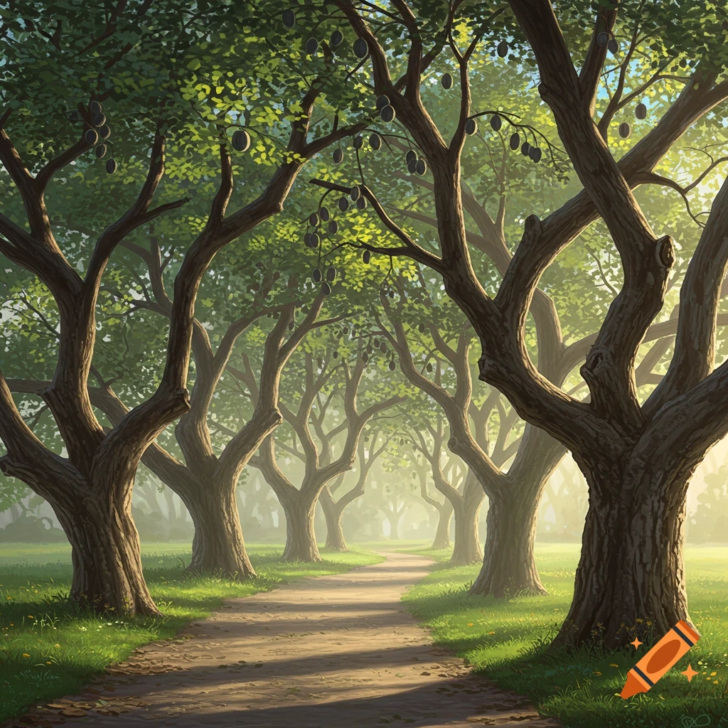 A dirt path winds through a forest with large trees bearing dark, round fruit.