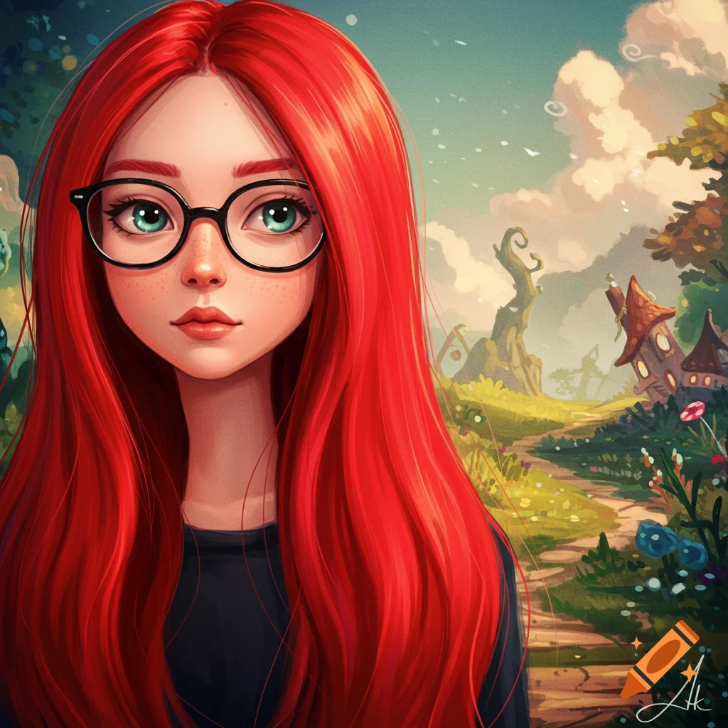 A girl with long red hair and glasses is in a fantasy landscape.