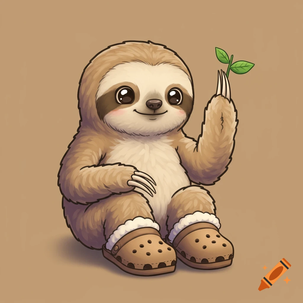 Cute cartoon sloth wearing clogs and holding up a green leaf.