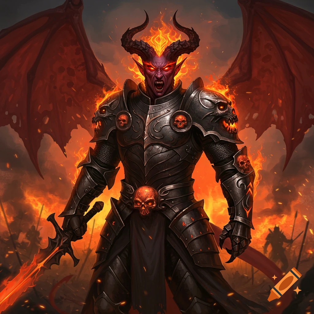 Demonic warrior in black armor with fiery horns and wings standing in a battlefield.