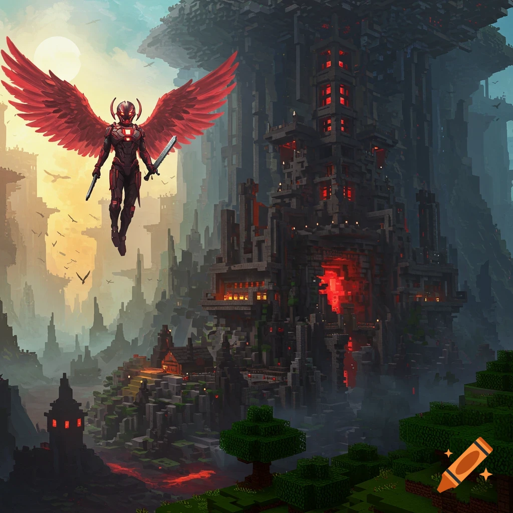 A winged figure flies near a dark pixelated castle with red glow in a Minecraft-style landscape.