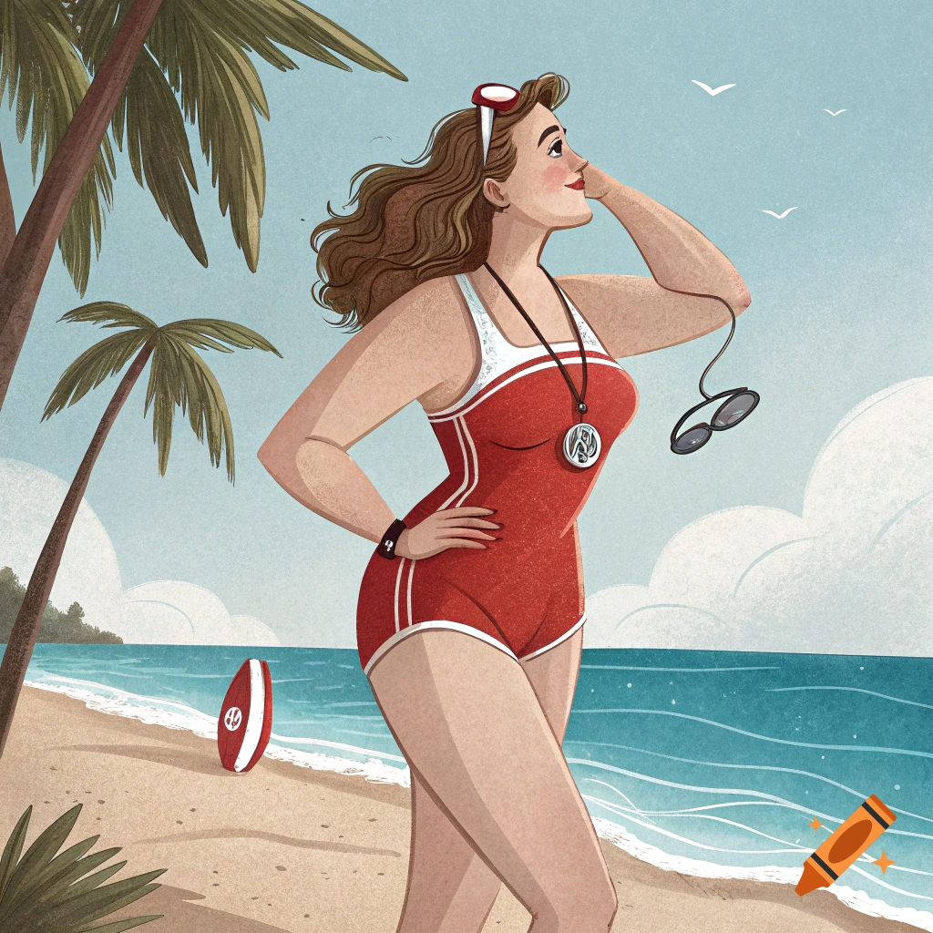 Illustration of a curvy lifeguard on a beach with palm trees