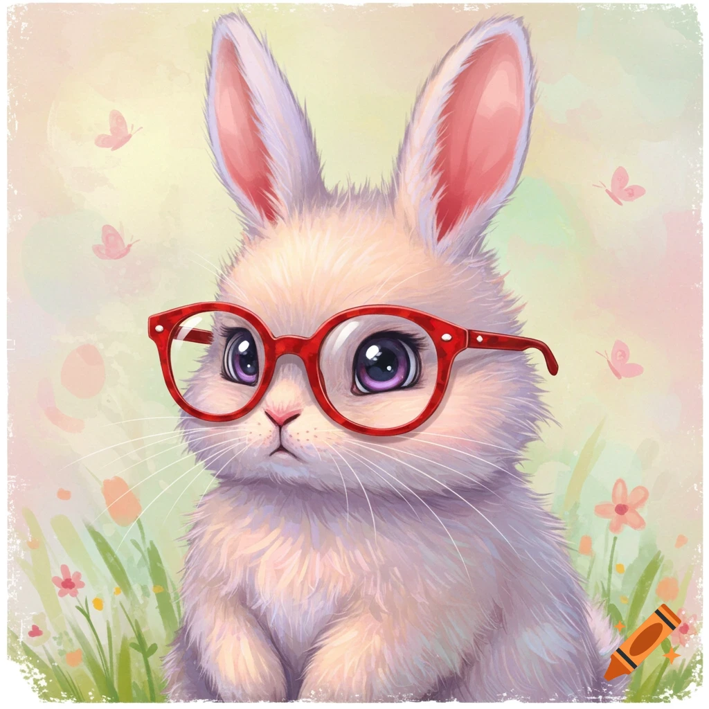 A cute bunny rabbit wearing red glasses sits in grass with flowers and butterflies, in a watercolor style.