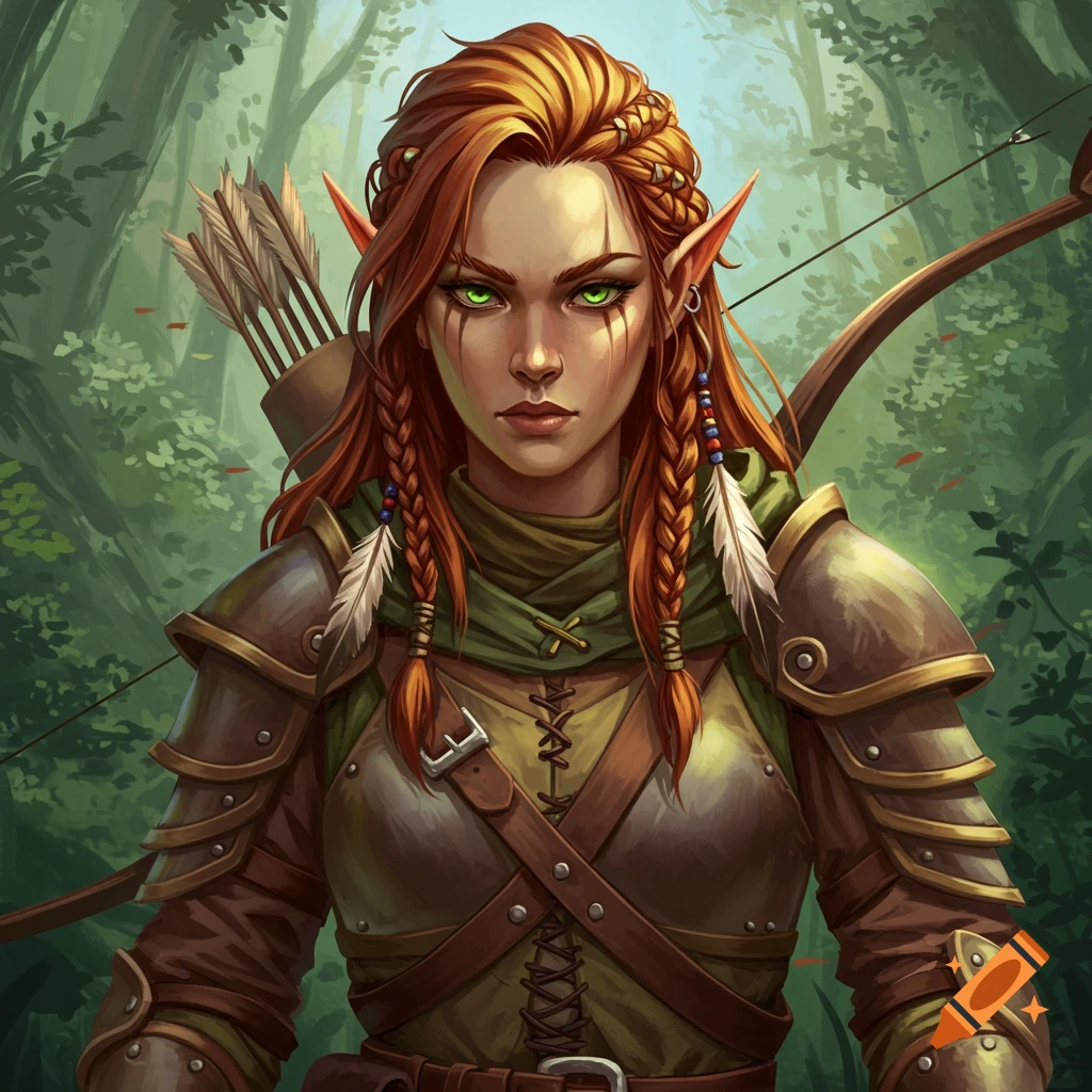 A portrait of a female elf archer character in fantasy armor in a forest.