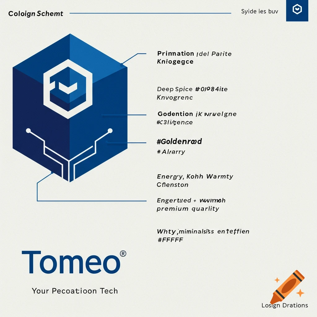 A blue hexagonal logo concept with lines connecting to text descriptions against a light background.