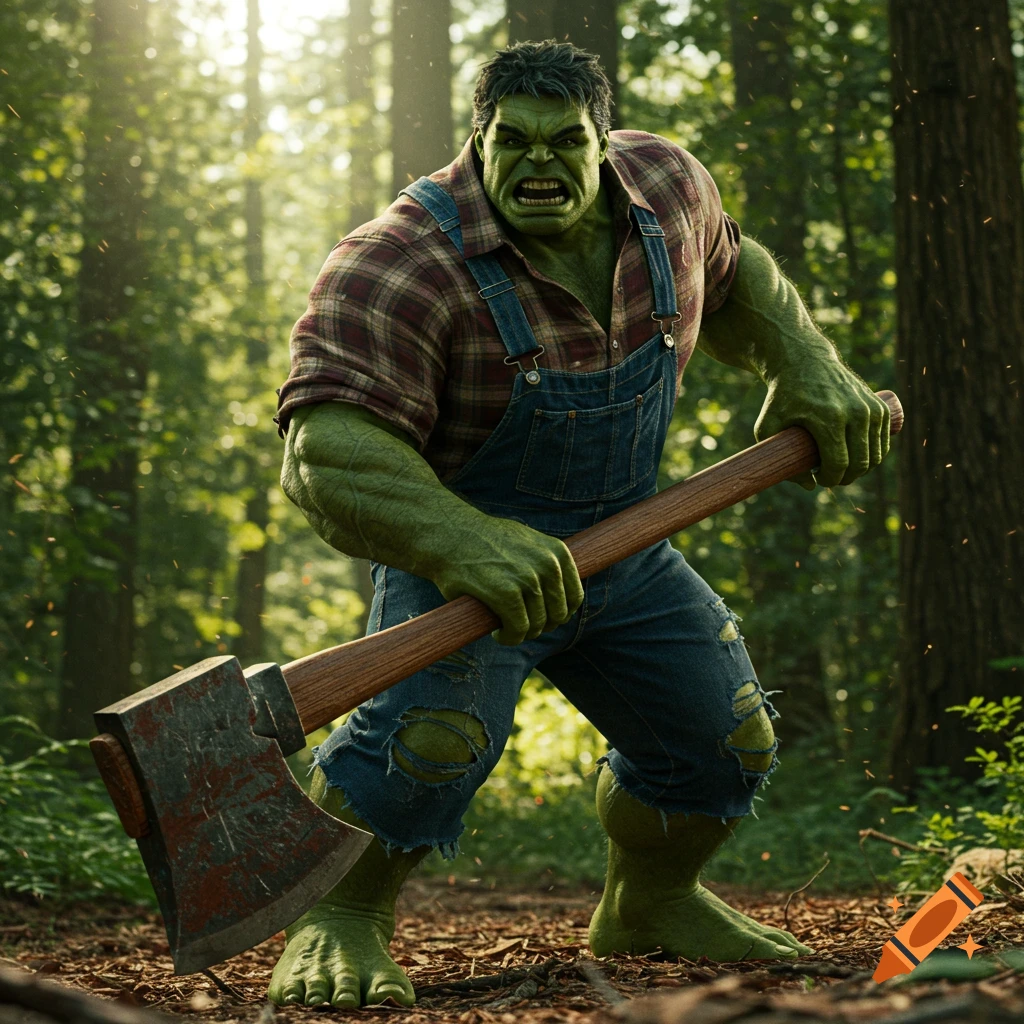 Green Hulk in plaid shirt and overalls holding a large axe in a forest.