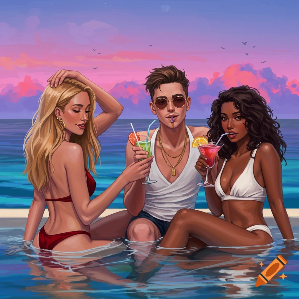 Three young people in swimwear are relaxing in a pool at sunset, drinking cocktails.