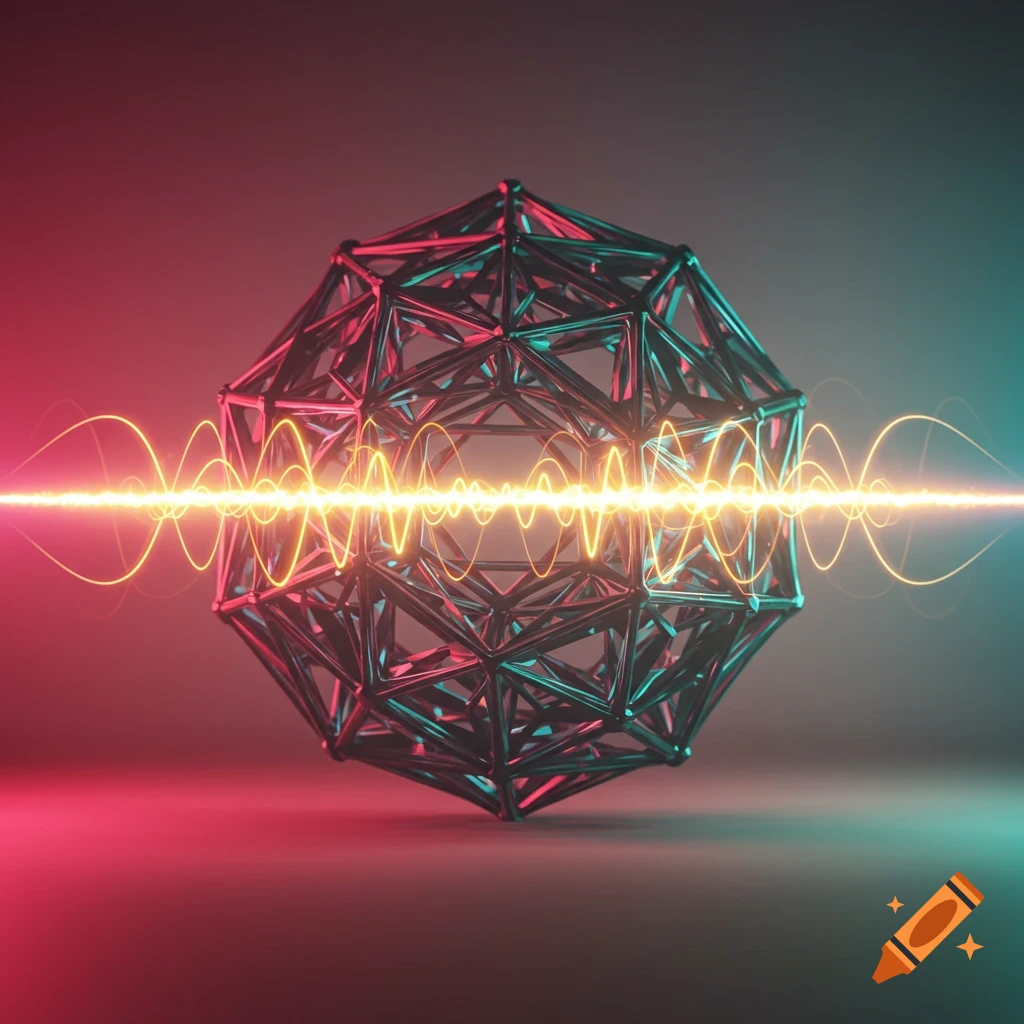 Abstract geometric shape with a wave passing through its center, lit by red and teal gradients