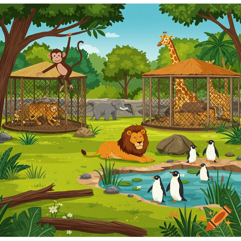 Cartoon illustration of a zoo scene with a monkey, lions, giraffe, elephant, and penguins by a pond.
