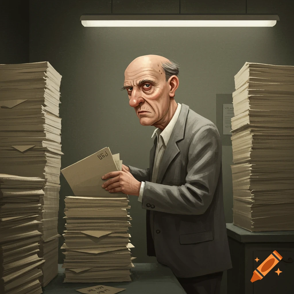 A stressed, balding man looks at paperwork among towering stacks of files in a drab office.
