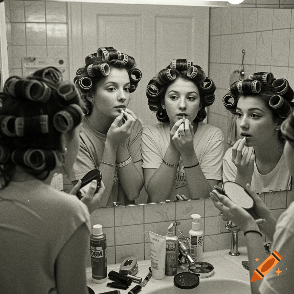Teenage girls in a bathroom with hair curlers doing makeup, vintage black and white photo.