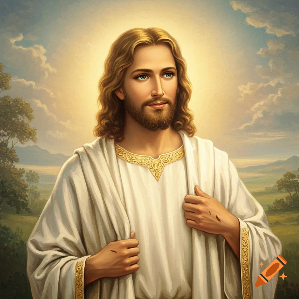 Jesus Christ in a white robe with gold trim, standing in a landscape.