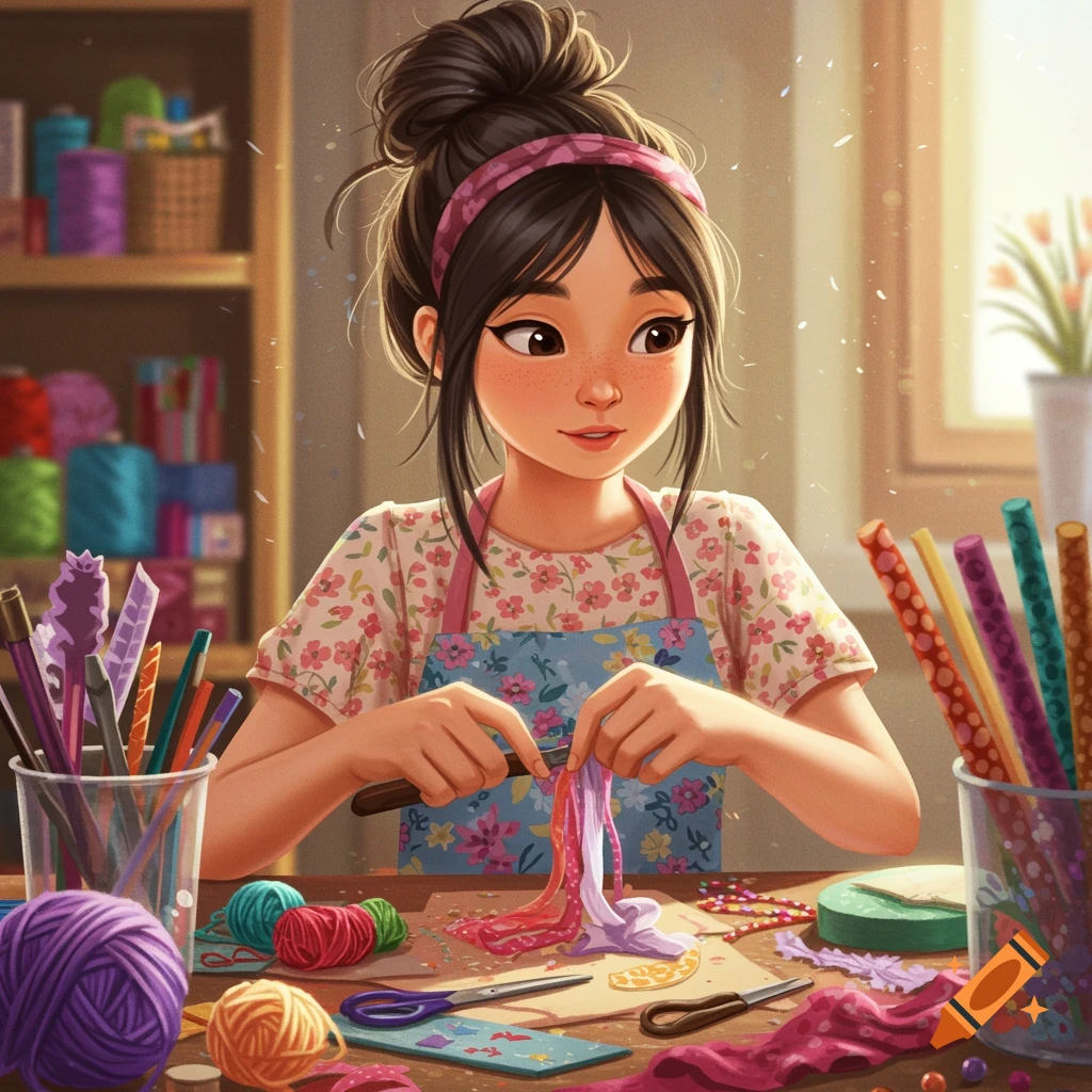 A young girl is doing crafts with yarn and fabric in a bright studio.