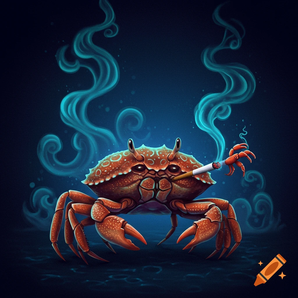 A crab smoking a cigarette against a dark blue background with stylized smoke.