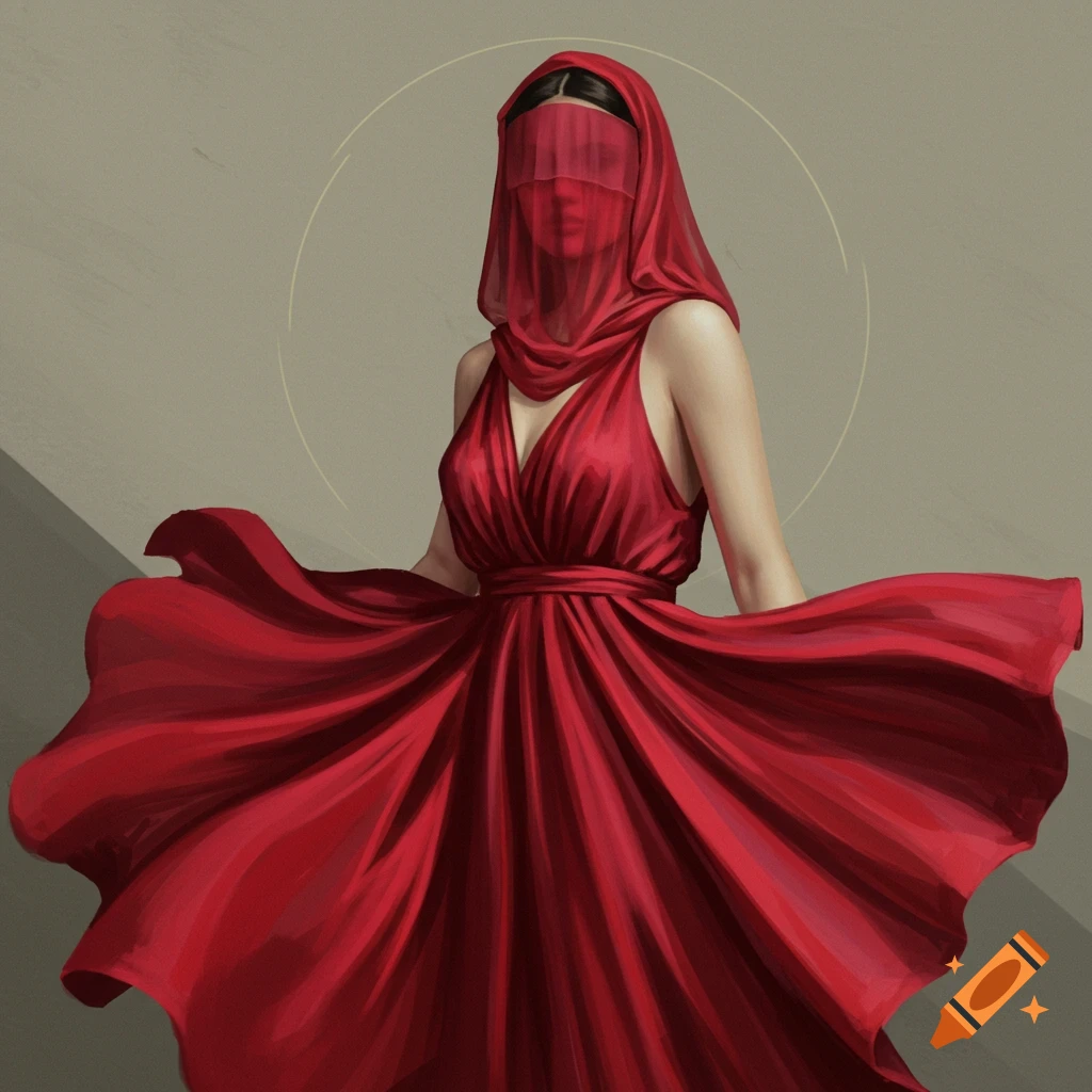 A woman in a flowing red dress with a red veil covering her face.