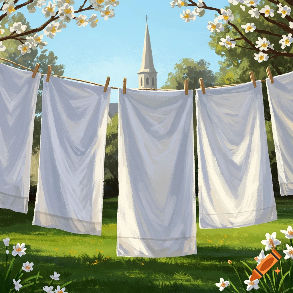 White laundry on a line with a church steeple and flowers.