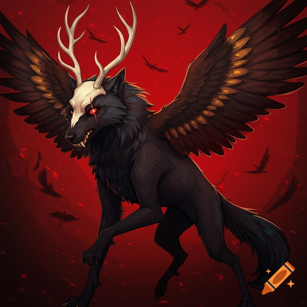A dark fantasy creature with a wolf's body, deer antlers, and hawk wings stands against a red background.