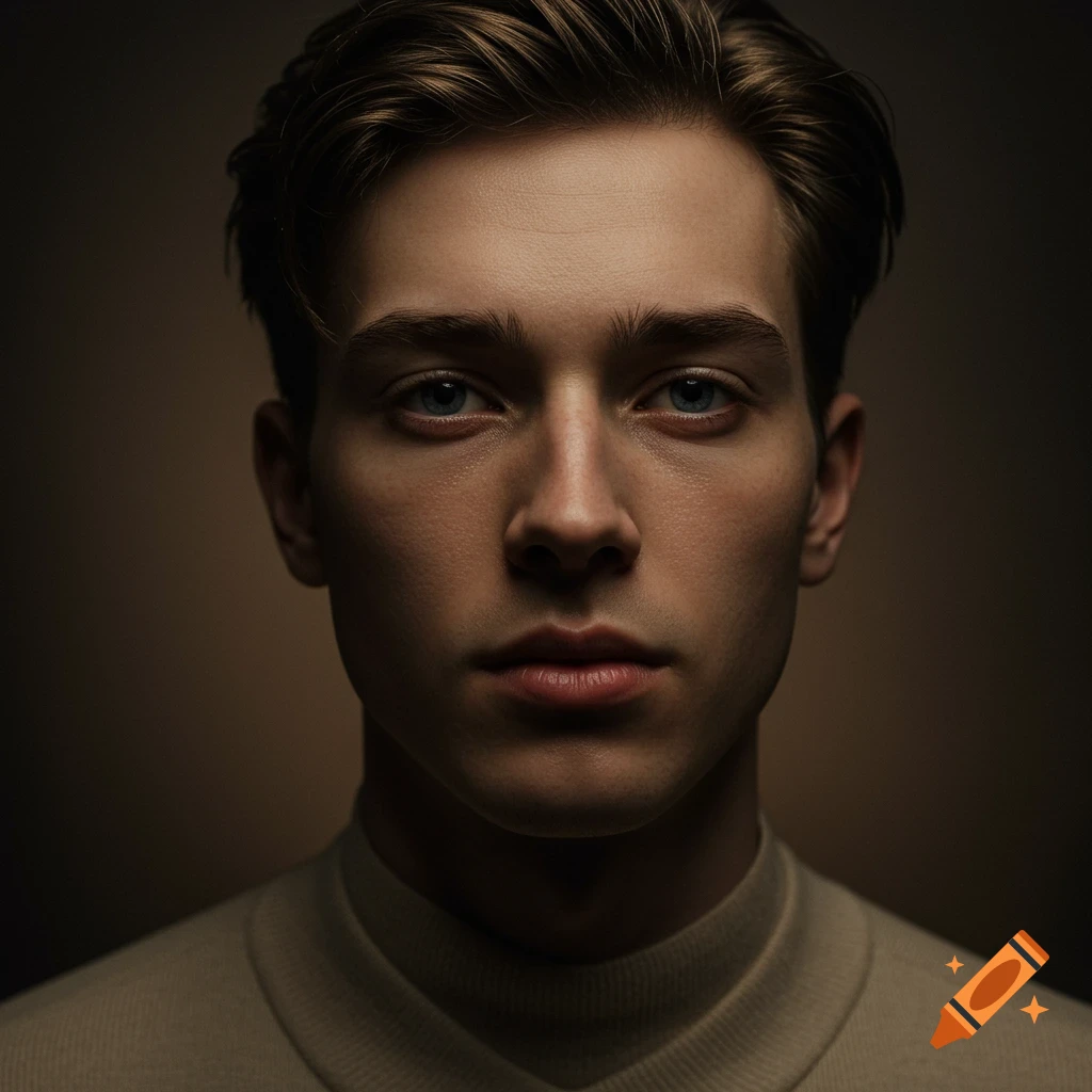 Close-up studio portrait of a young man with brown hair and blue eyes, lit by soft, dramatic lighting.