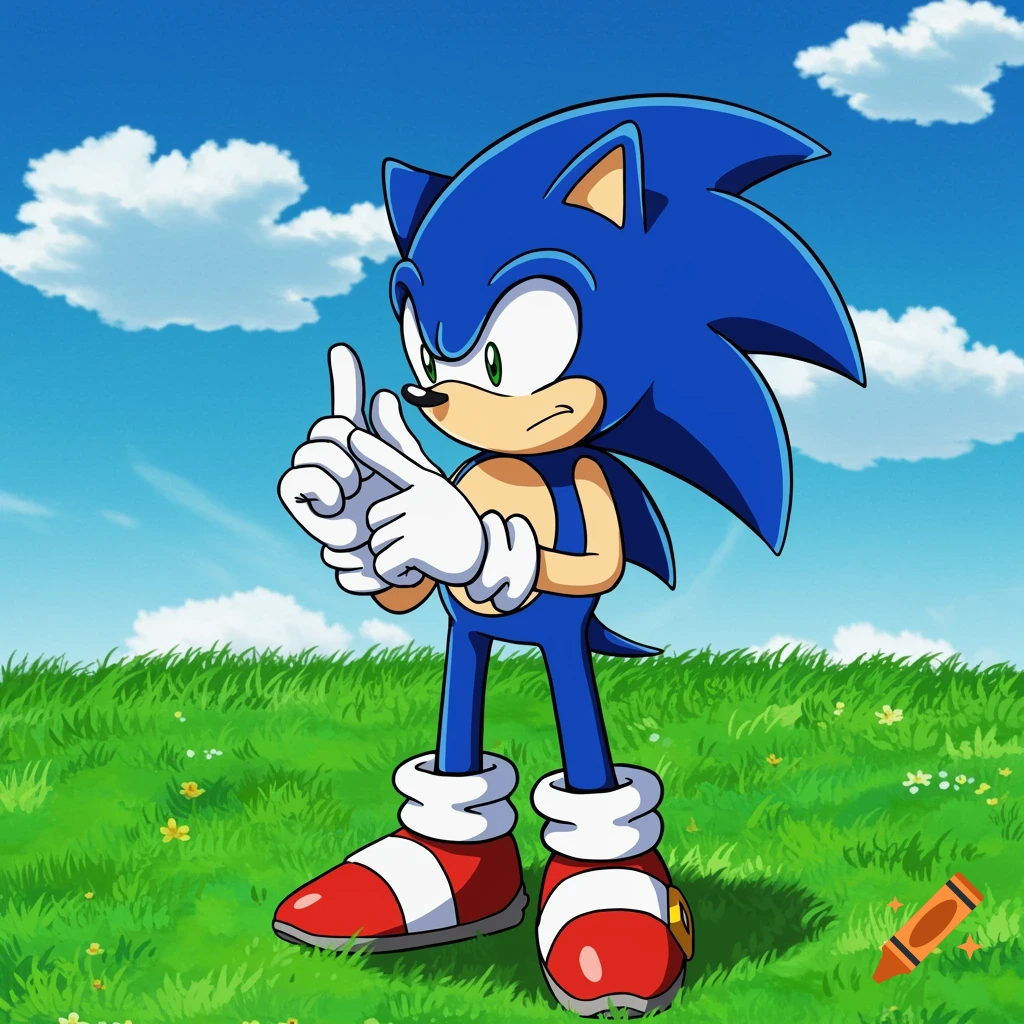 Sonic the Hedgehog stands in a grassy field counting with his fingers, in a 2D anime style.