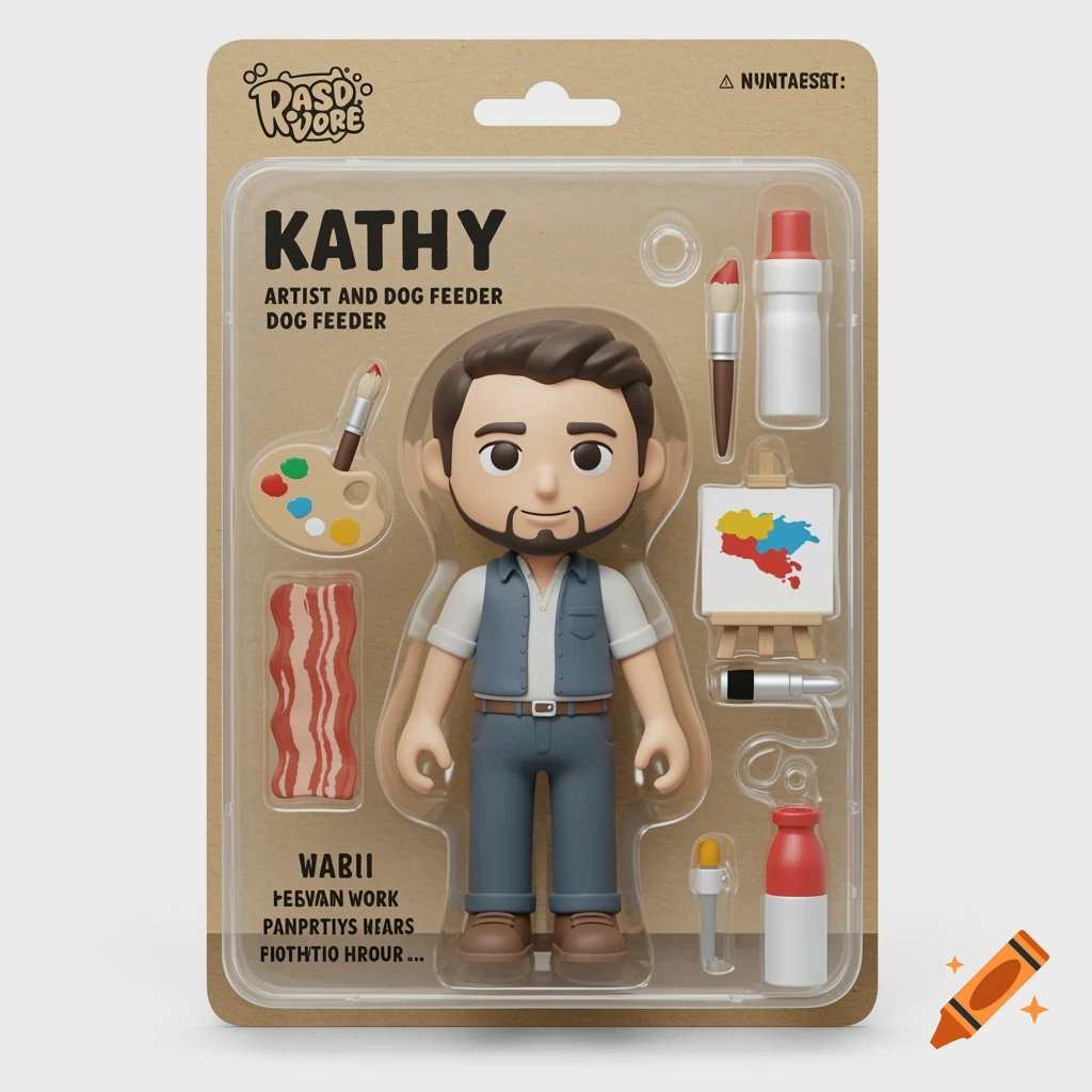 3D action figure toy of an artist in blister packaging with accessories like paints and bacon.