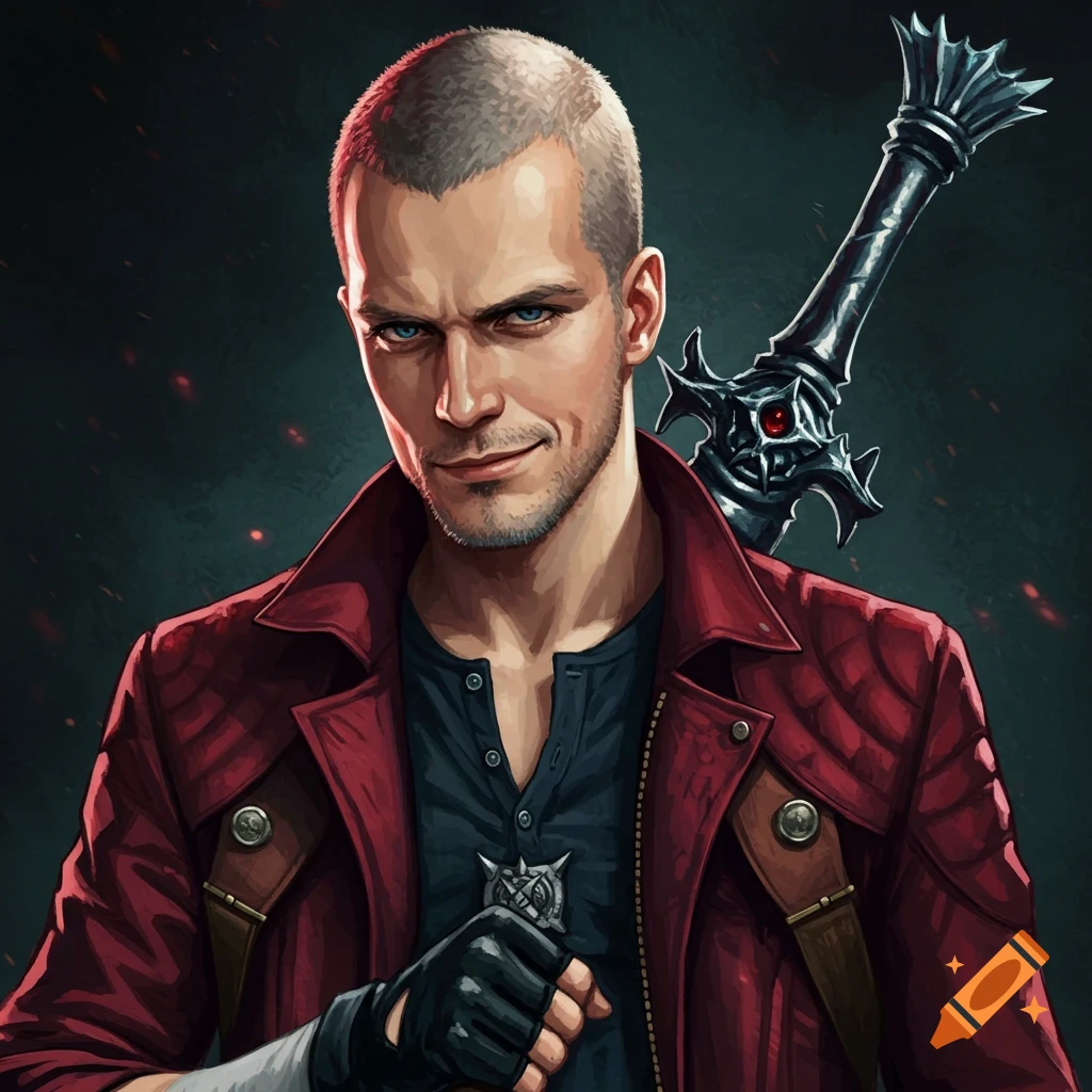 A man with a buzzcut, red coat, and large sword on his back.