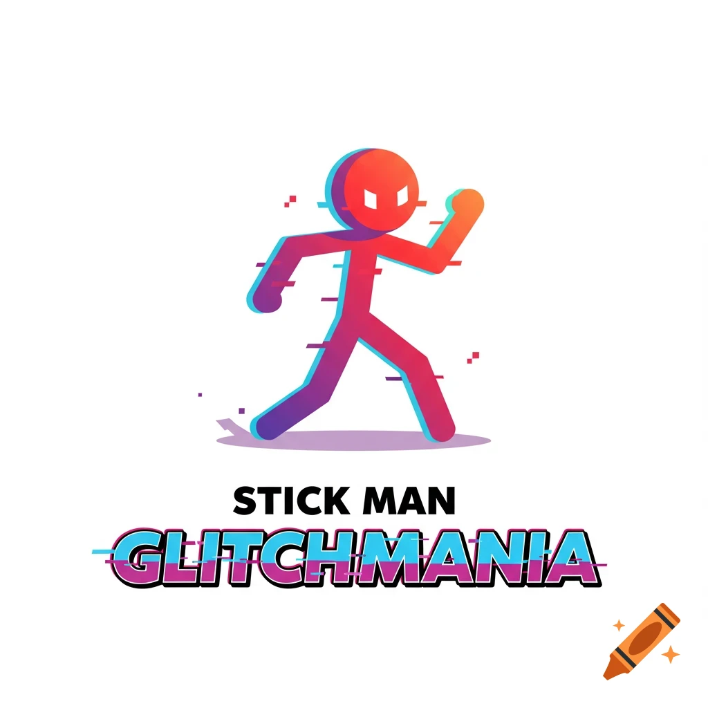 Logo with a stylized stick figure in a running pose, featuring a gradient and glitch effect. Text reads 'STICK MAN GLITCHMANIA'.