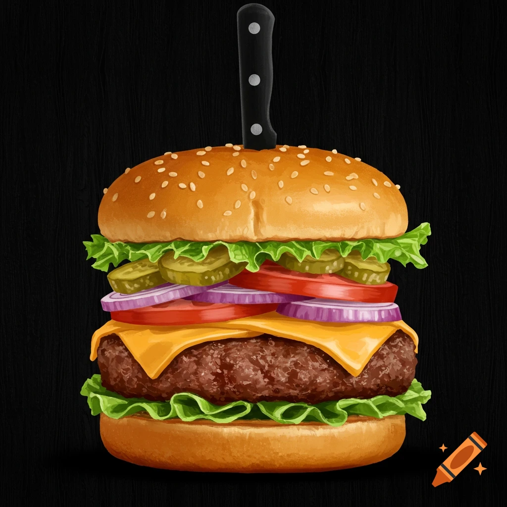 A large burger with lettuce, cheese, tomato, onion, pickles, and a knife stuck in the bun, on a black background.