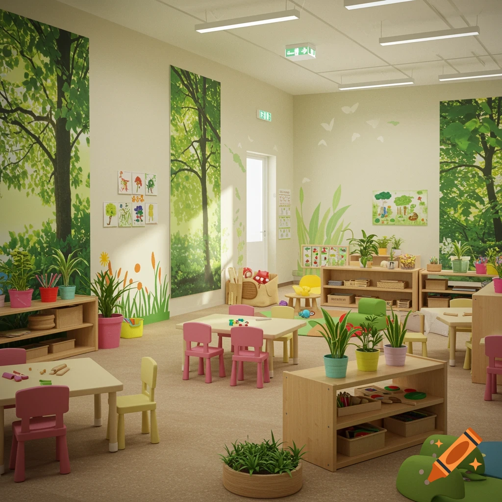A nature-themed preschool classroom interior with small tables, chairs, plants, and wall murals.
