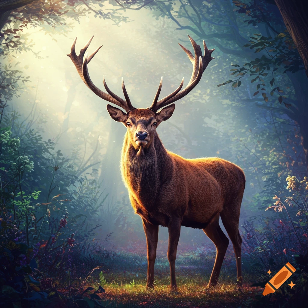 A large buck with antlers stands in a misty, sunlit forest.