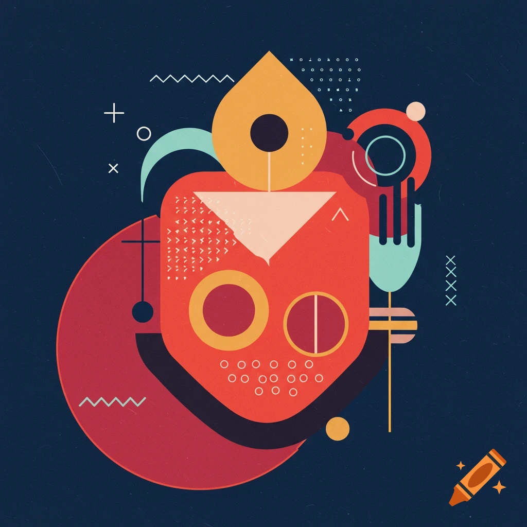 Abstract geometric illustration of shapes resembling a face on a dark blue background.