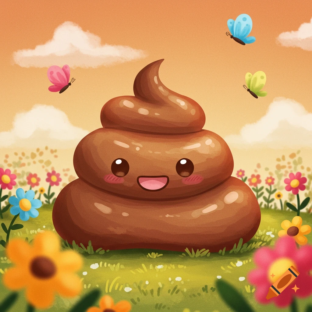 A cute cartoon pile of poop with a face sits in a field of flowers with butterflies.