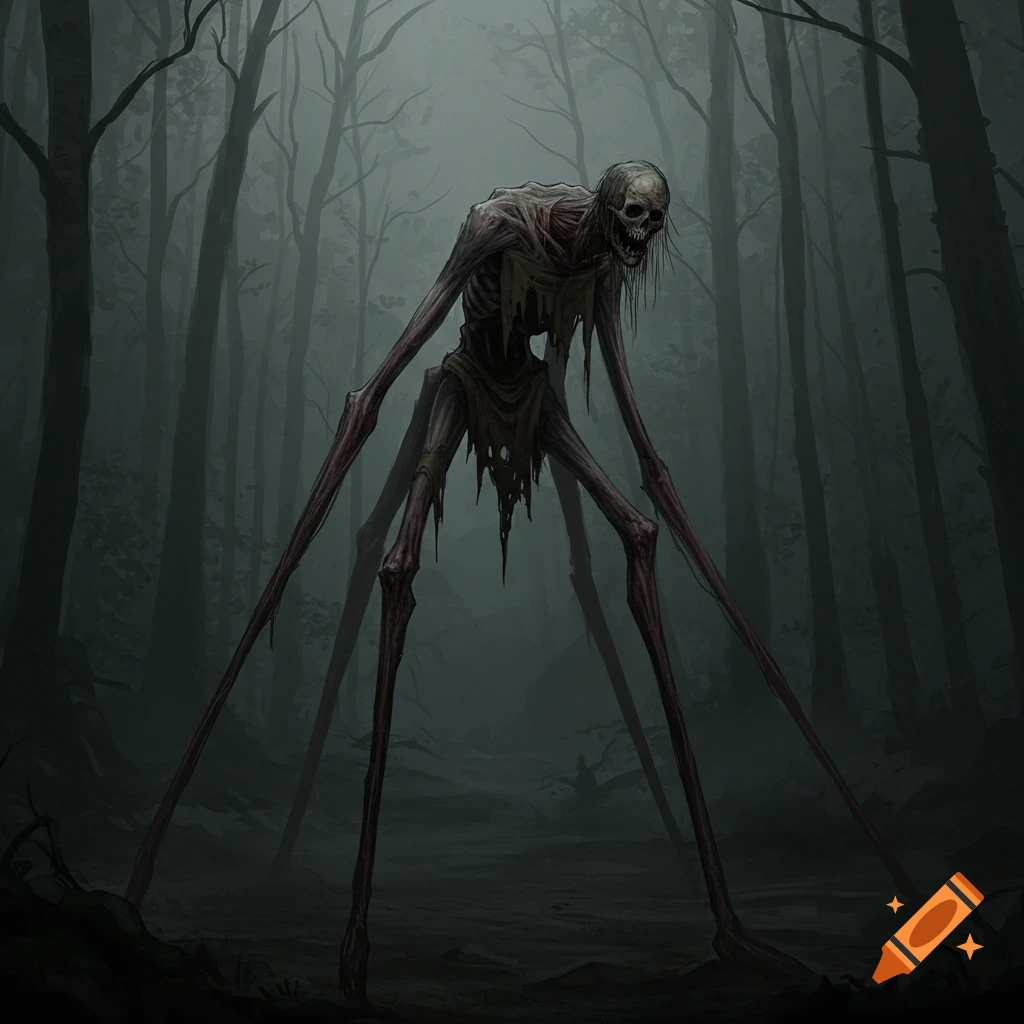A tall, skeletal-like creature with long limbs stands in a dark, misty forest.