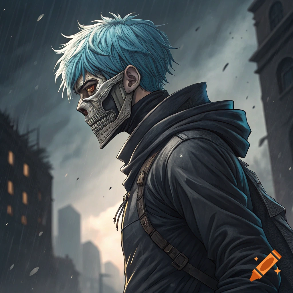 Anime illustration of a character with blue hair and a skull mask in a rainy city.