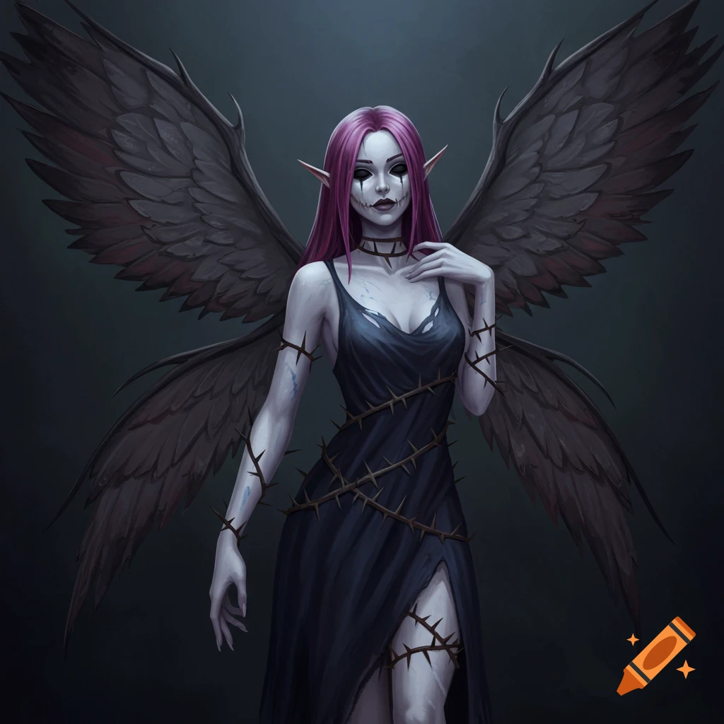 A dark fantasy fairy woman with purple hair, black eyes, dark wings, and a thorn-wrapped dress.