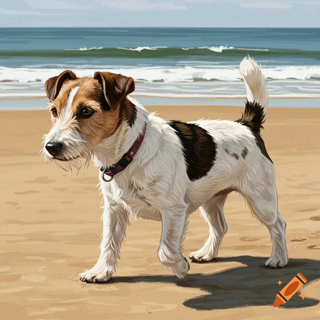 A Jack Russell Terrier walking on a beach.