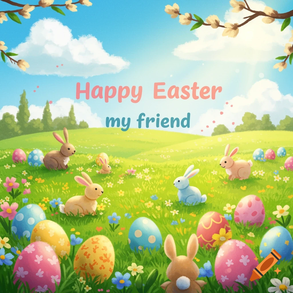 Cartoon bunnies and Easter eggs in a field with flowers and sky, text reads 'Happy Easter my friend'.