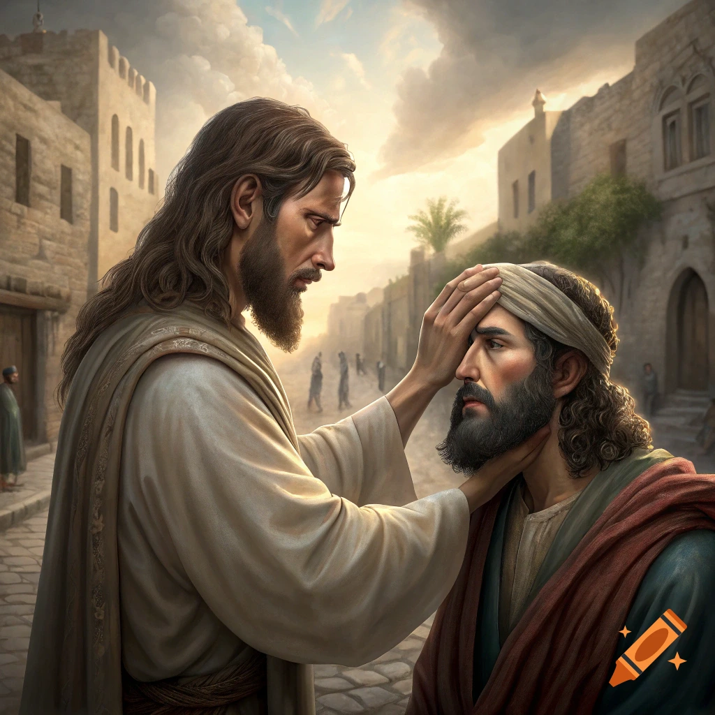 Detailed illustration of Jesus healing a man in a street scene.