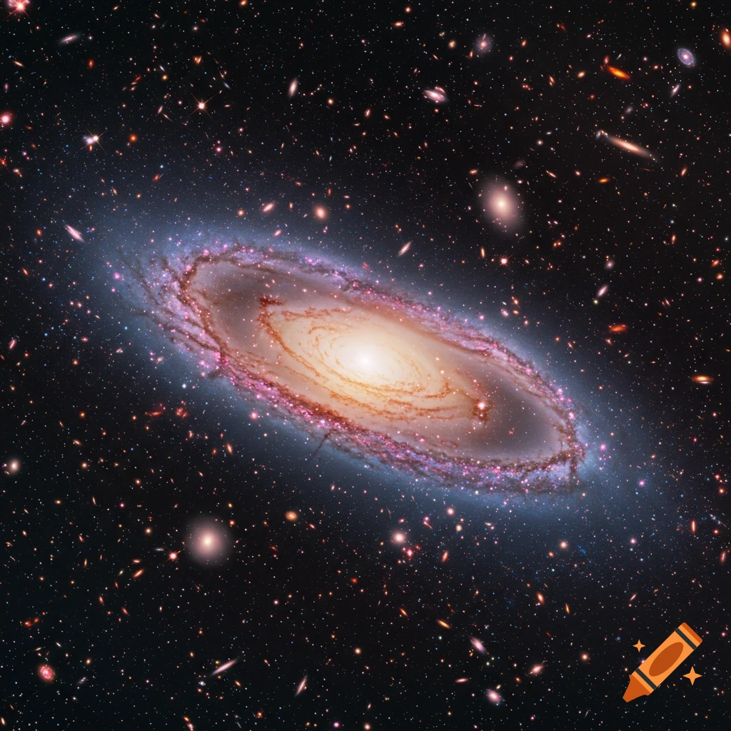 A vibrant spiral galaxy glows amongst countless stars and distant galaxies in deep space.