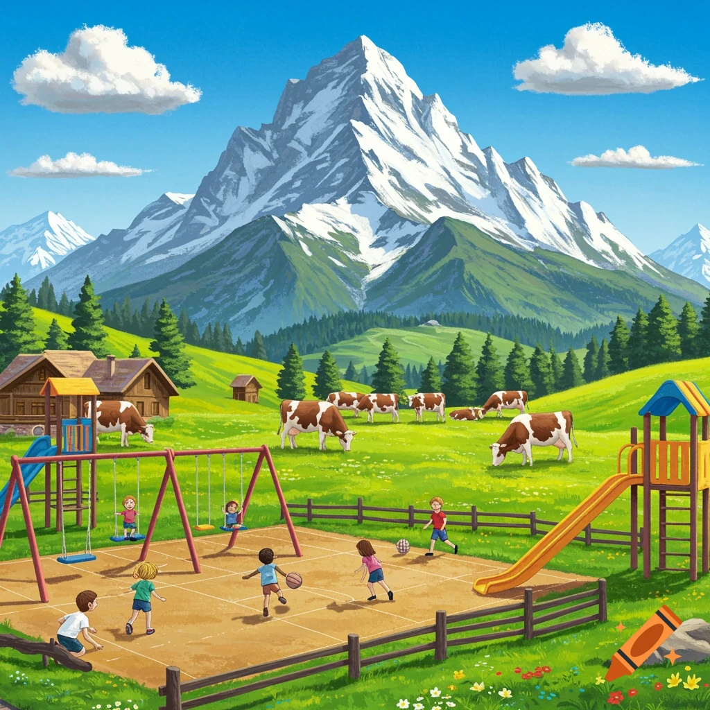 Children play on a playground in a mountain meadow with grazing cows, digital illustration.
