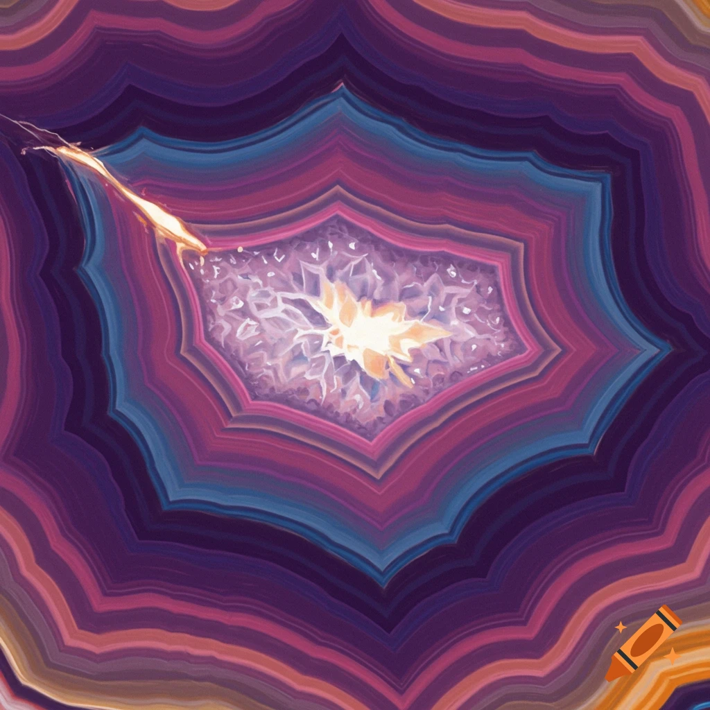 Abstract image of an agate slice with colorful wavy layers and a bright, crystalline center.