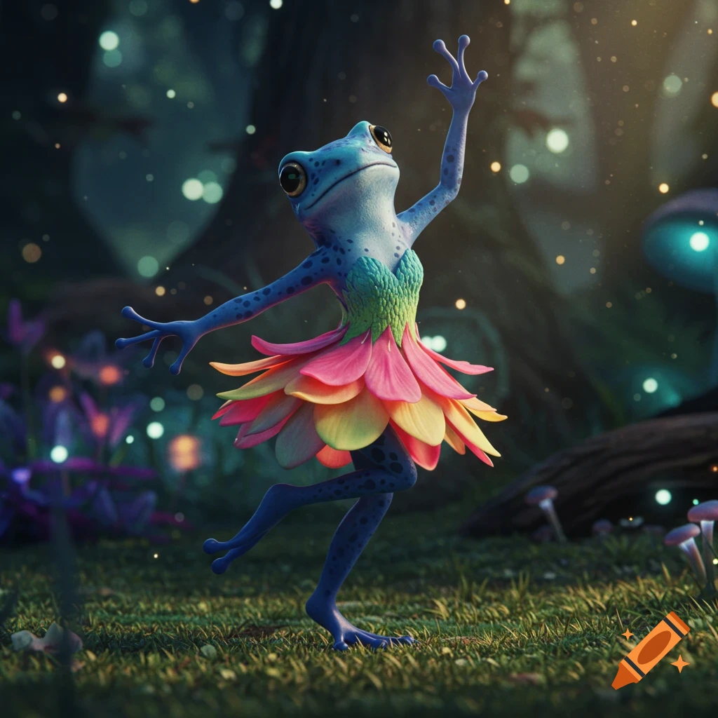 A blue frog in a flower dress dances in a fantasy forest with glowing lights.