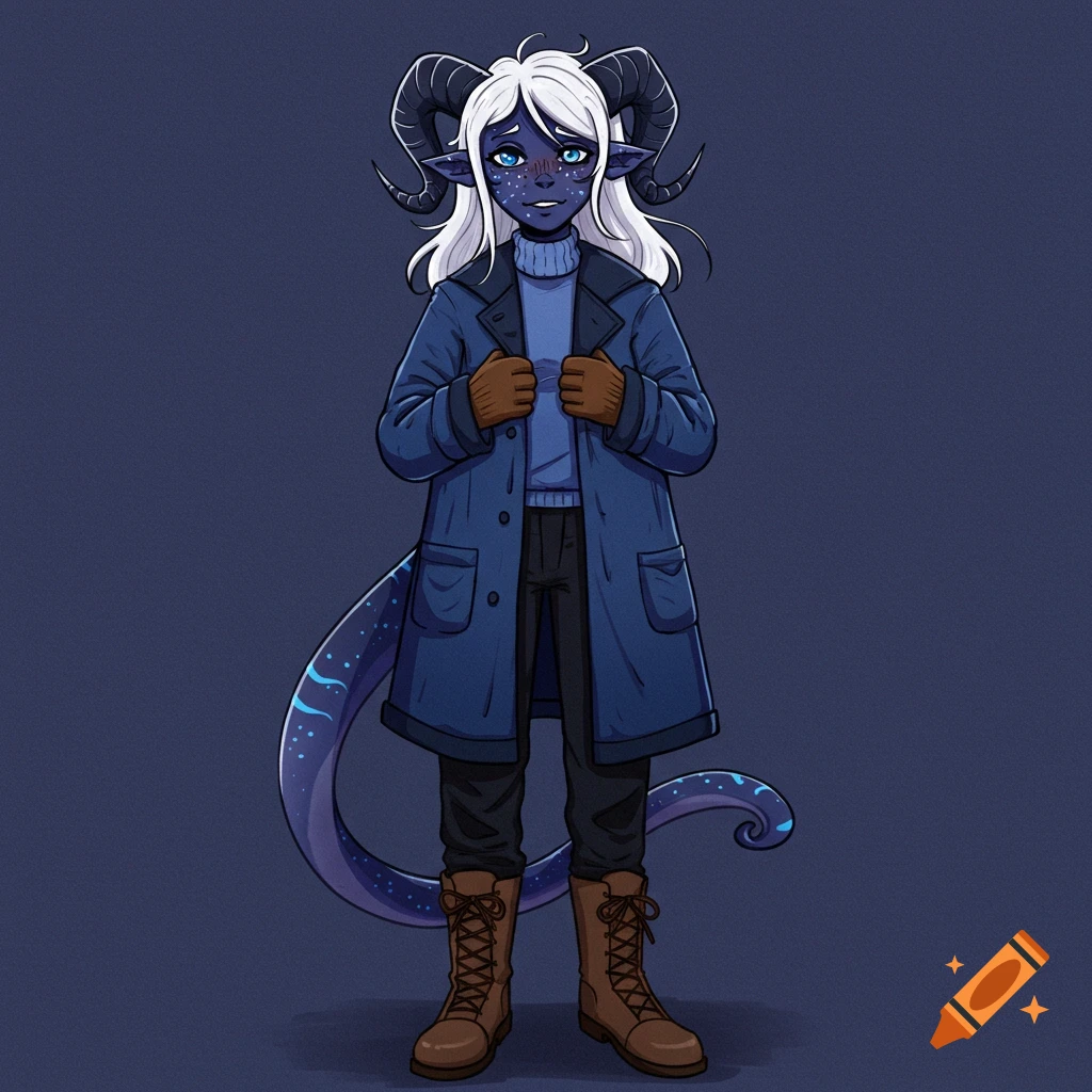 Digital illustration of a blue-skinned fantasy character with horns and white hair, wearing a blue coat.
