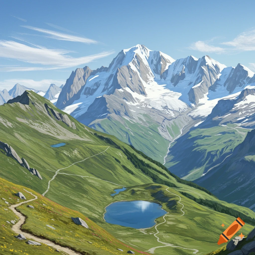 A mountain landscape with snow-capped peaks, green slopes, winding paths, and two small lakes.