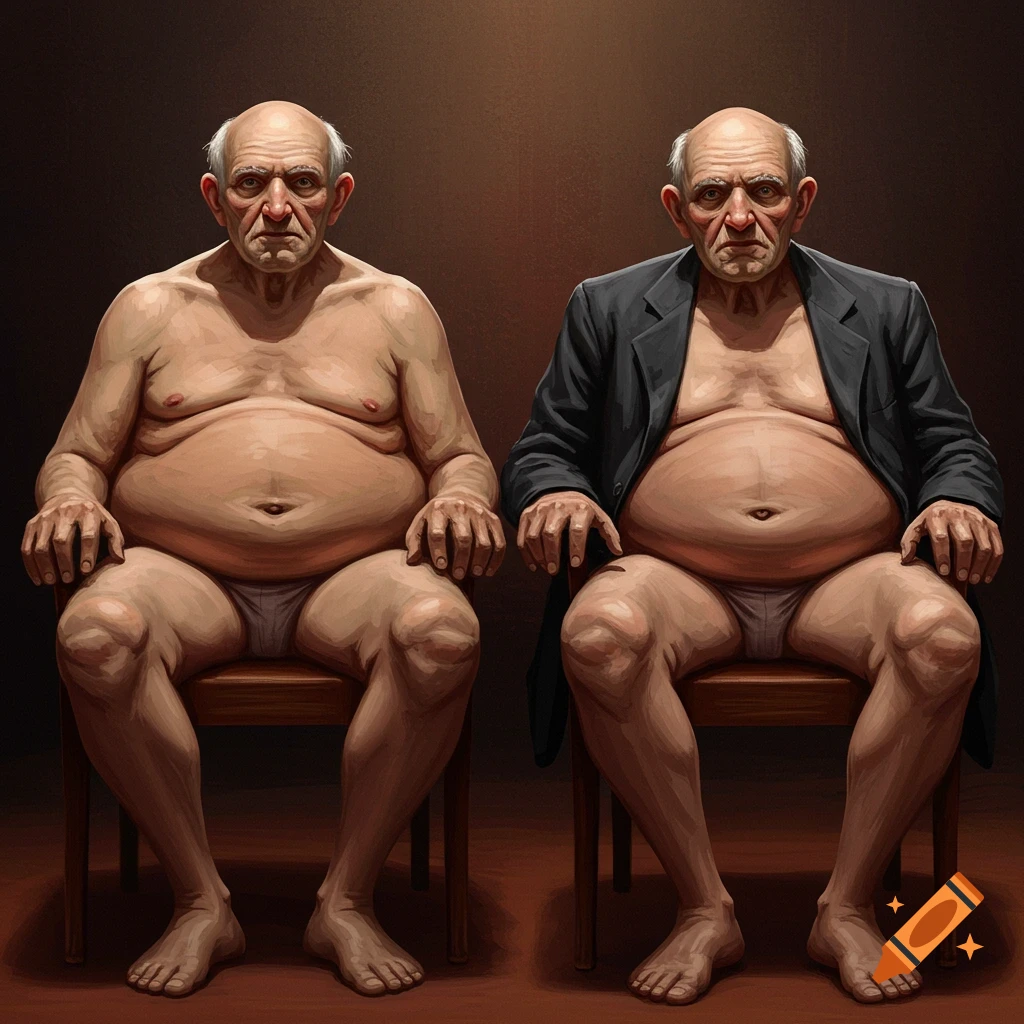 Painting of two overweight old men seated, one wearing a jacket, both in underwear.