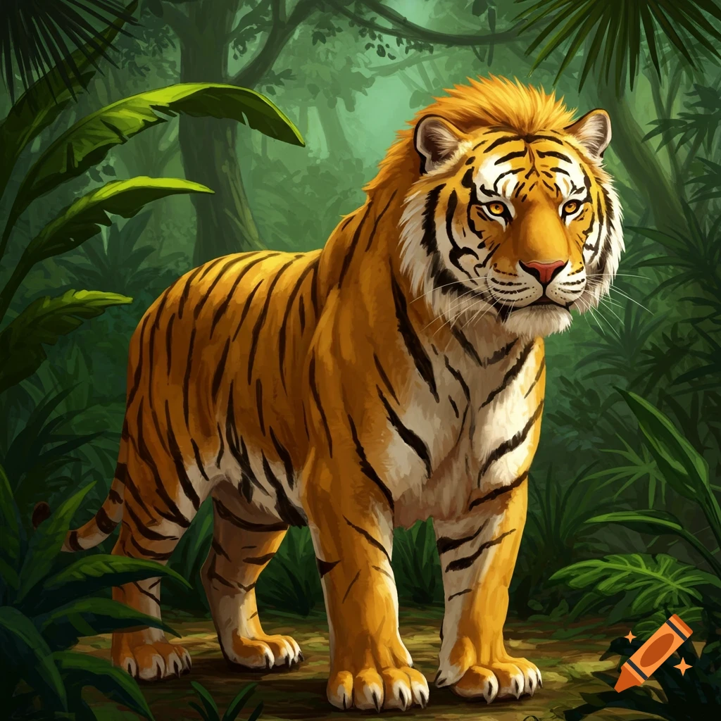 A tiger standing in a lush jungle.
