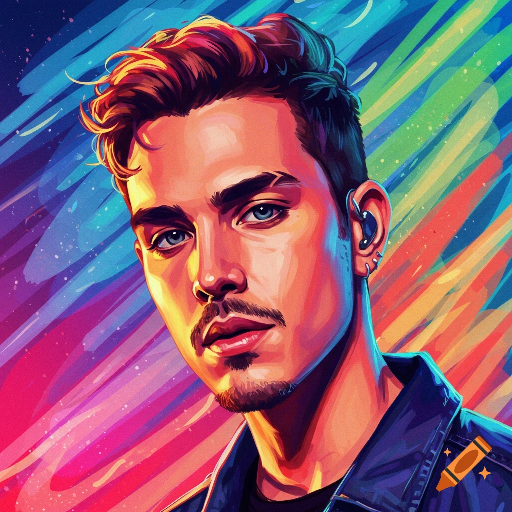 Portrait of a man with short hair and piercings against a vibrant, colorful background.