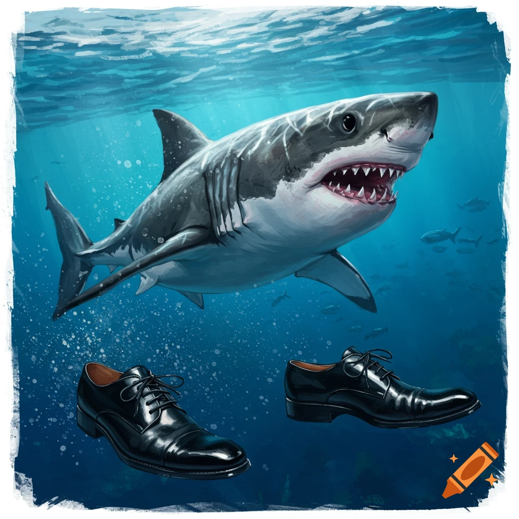 A shark swims underwater with two black dress shoes floating nearby.