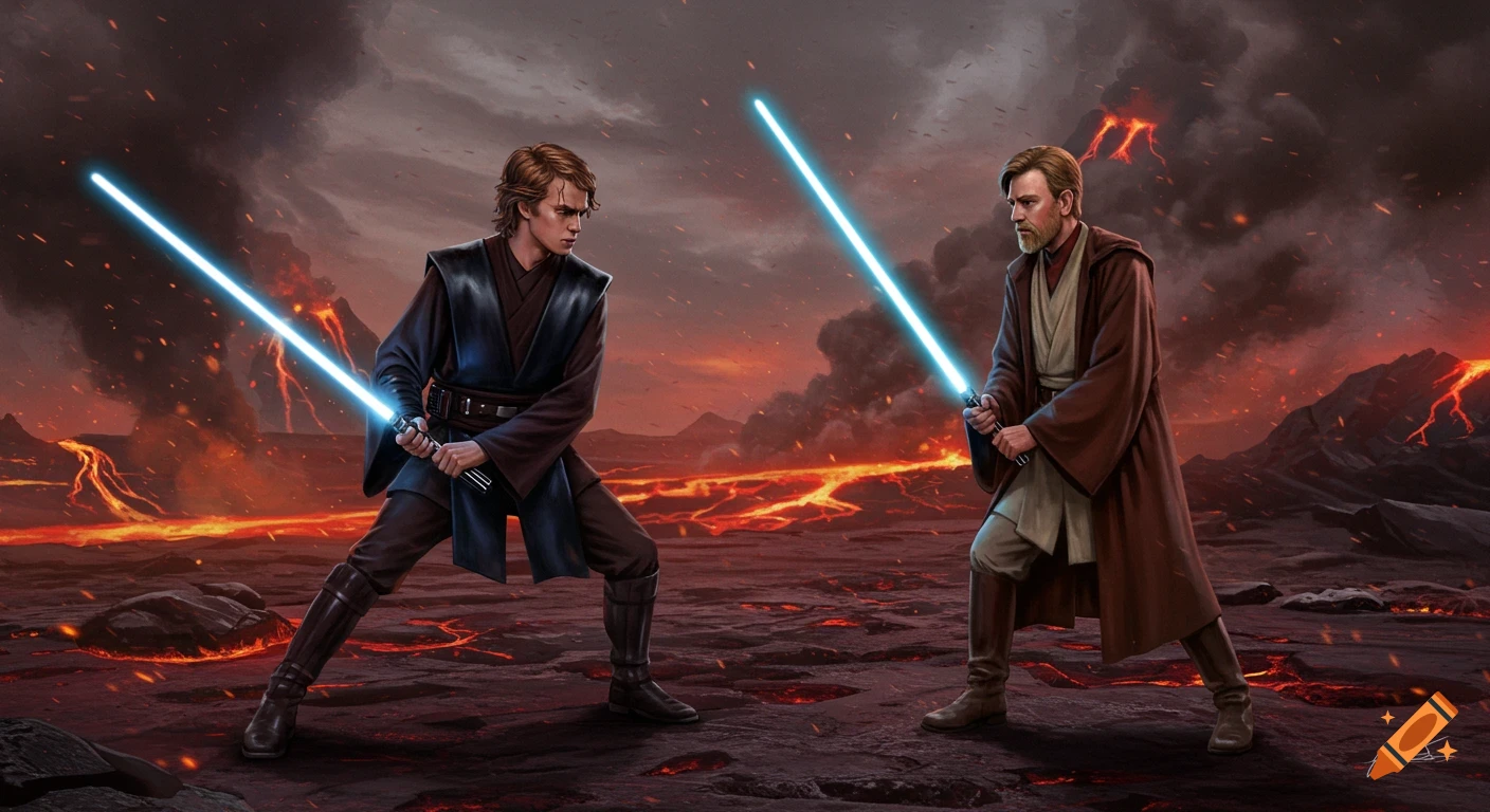 Anakin and Obi-Wan duel with blue lightsabers on a fiery volcanic world.